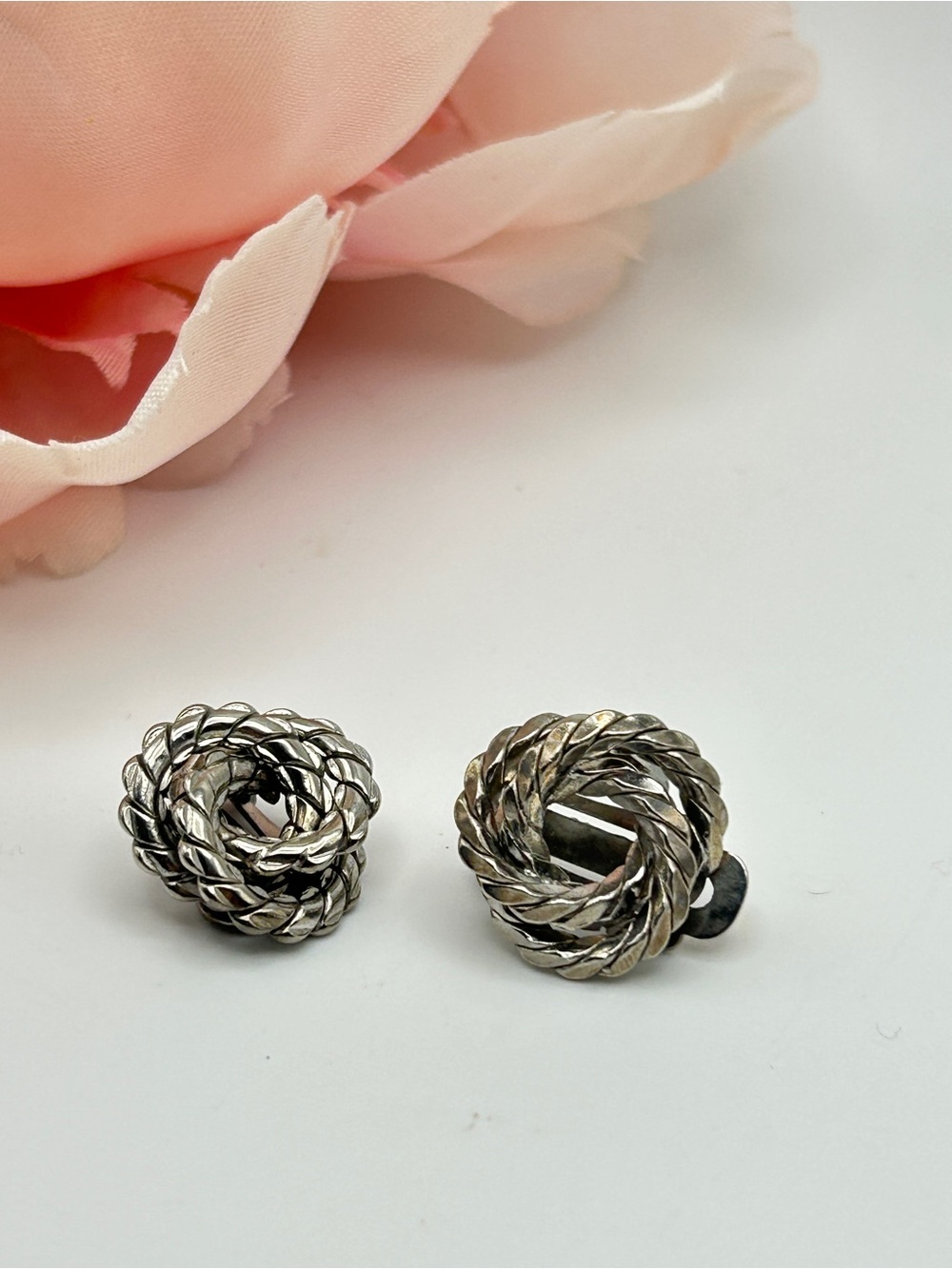 Vintage Silver Tone Rope Knot Clip On Earrings
